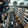 5ccad0 dall·e 2023 10 15 13.30.42   ultra photo realistic image of a man with a hood gangster appearance leaning over the balcony of a high rise residential block in hackney, london, loo